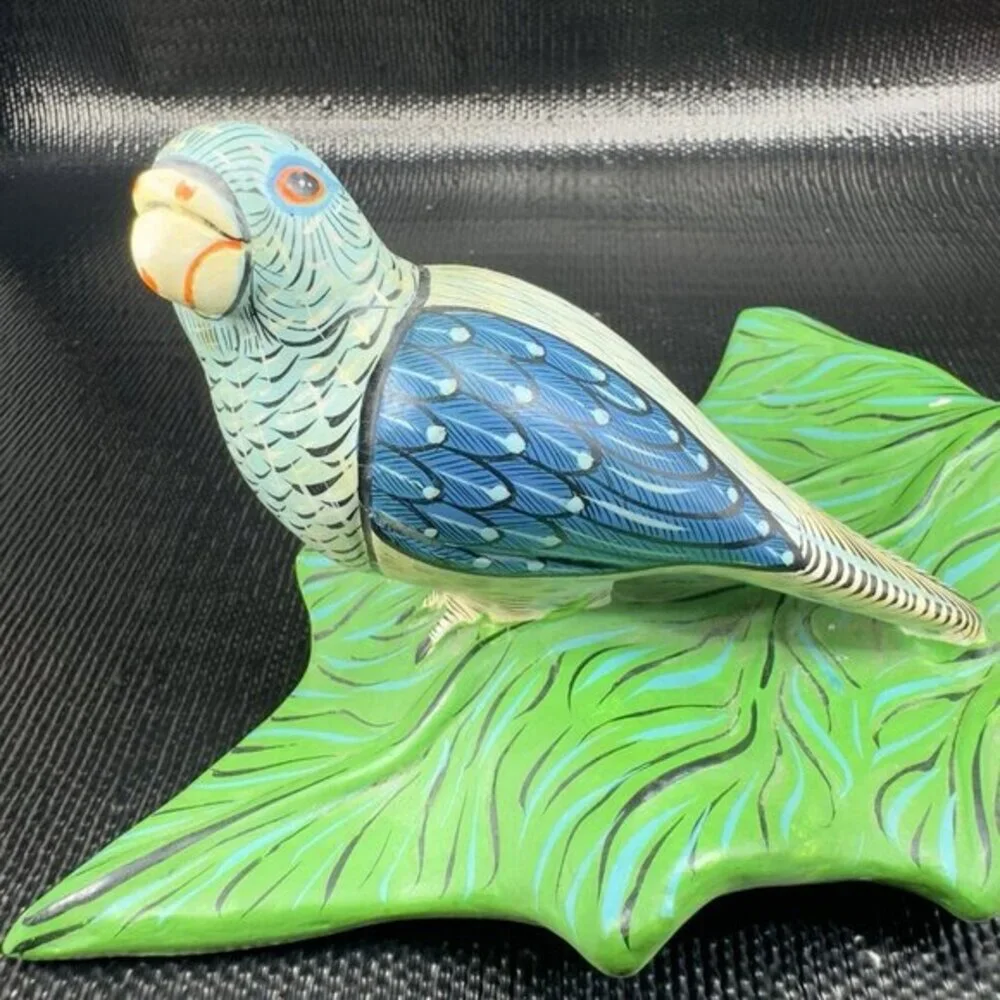 Hand Made Mexican Pottery Parrot Bird On Leaf Tree Sculpture Artist Signed‎ VTG